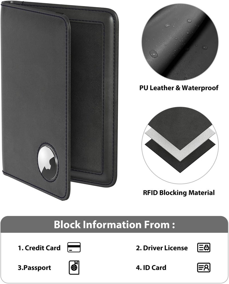 Stouchi حامل جواز سفر AirTag، حامل جواز سفر نحيف للعائلة مع فتحة AirTag، غلاف جواز سفر RFID للرجال، حقيبة جواز سفر من جلد PU، ملحقات سفر مضادة للفقد، أسود - Image 5